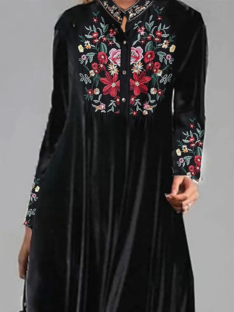 Abigail® | Modisches, langärmliges Kleid aus Samt mit Blumenmuster