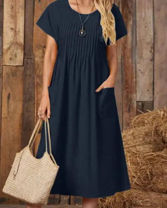 Corinna® |Elegantes Damen O Ausschnitt Kurzarm Solide Mid-Calf Kleid