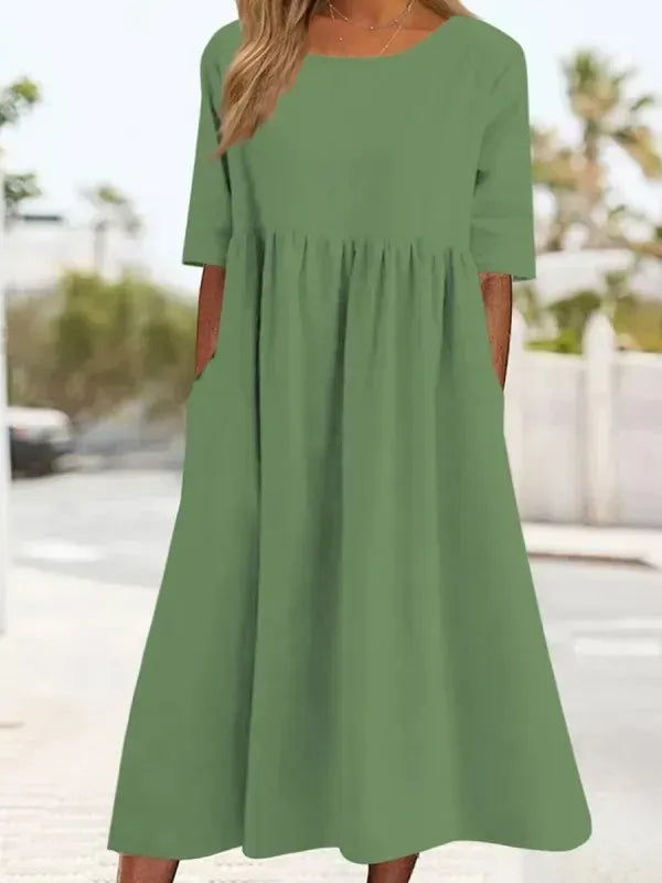 Monika® | Damen Casual Basic Outdoor Rundhalsausschnitt Tasche Smocked Baumwollkleid