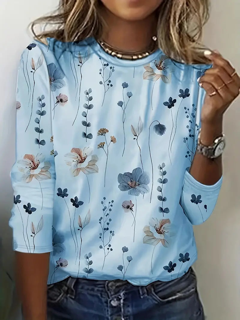 Juliane® | Langärmeliges T-Shirt mit Rundhalsausschnitt und Blumendruck