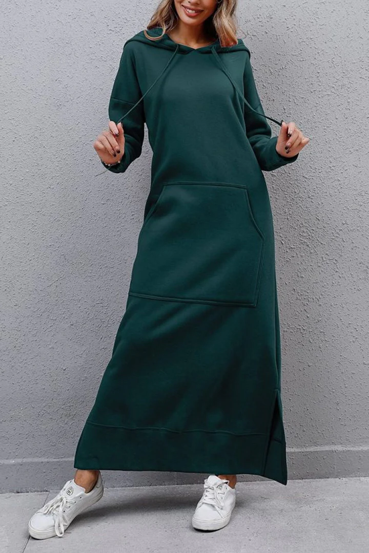 Penelope® | Elegantes einfarbiges Kleid mit Kapuze, Taschen und Schlitz