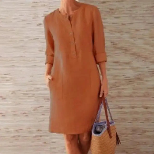 Lara® | Women's Casual Baumwolle Tunika Vintage Langarm Kleid