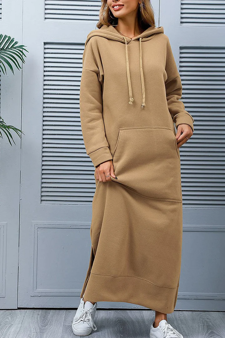 Penelope® | Elegantes einfarbiges Kleid mit Kapuze, Taschen und Schlitz