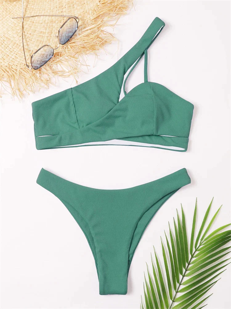 Léa® | Sexy Solid Cross One Shoulder Bikini Set Bademode