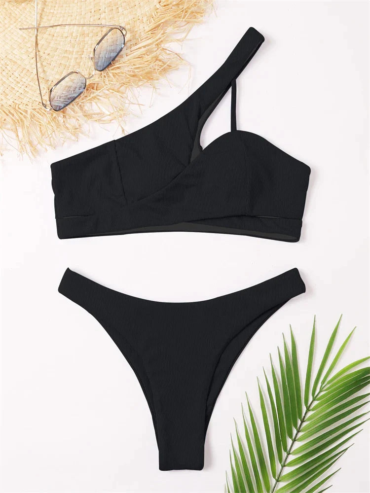 Léa® | Sexy Solid Cross One Shoulder Bikini Set Bademode